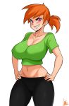  1girl breasts commentary earrings evil_grin evil_smile grin hands_on_hips highres jewelry jmg large_breasts looking_at_viewer midriff navel orange_hair ponytail short_hair signature simple_background smile solo the_fairly_oddparents vicky_(fop) white_background 