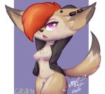 2021 anthro blush bottomless breasts canid canine clothed clothing coffeefly female fennec fox genitals gingy_k_fox jacket looking_at_viewer mammal open_clothing open_jacket open_topwear piercing purple_eyes pussy stretching te topwear 