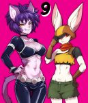  2girls adjusting_clothes adjusting_headwear animal_ears animal_nose body_fur breasts bunny_ears cat_ears cat_girl cat_tail choker cleavage dragon_ball dragon_ball_super ears_through_headwear furry gloves grin hand_on_hip hat hop long_sleeves multiple_girls navel number one_eye_covered pants purple_hair rabbit_girl red_eyes red_hair red_scarf scarf short_shorts shorts simple_background smile sorrel_(dragon_ball) standing tail teba_makoto thigh_gap yellow_eyes 
