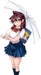  1girl absurdres amano_megumi amano_megumi_wa_suki_darake! backpack bag bangs black_legwear blue_eyes blue_skirt breast_pocket breasts bright_pupils brown_hair feet_out_of_frame highres holding holding_umbrella large_breasts long_hair looking_at_viewer nekoguchi official_art pleated_skirt pocket shirt_tucked_in short_sleeves simple_background skirt smile solo stuffed_animal stuffed_toy twintails umbrella white_background 