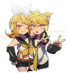  1boy 1girl ;3 arm_around_neck ascot belt blonde_hair blush bow brother_and_sister character_name commentary detached_sleeves fang hair_bow hair_ornament hairclip hand_on_another&#039;s_waist hand_on_hip headphones headset highres hug kagamine_len kagamine_rin looking_at_viewer midriff navel necktie nervous number_tattoo one_eye_closed sailor_collar shirt shorts shoulder_tattoo siblings skin_fang sleeveless sleeveless_shirt sweatdrop tattoo treble_clef twins ukata v vocaloid yellow_eyes yellow_nails yellow_neckwear 