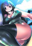  1girl asui_tsuyu blush boku_no_hero_academia breasts cloud collarbone frog_girl green_hair hair_between_eyes hakkasame highres large_breasts lens_flare long_hair looking_at_viewer looking_to_the_side low-tied_long_hair one-piece_swimsuit sitting skindentation sky solo swimsuit tareme thick_thighs thighhighs thighs water 
