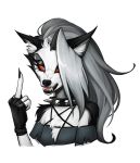  2021 angry anthro black_body black_claws black_fur canid canid_demon chest_tuft claws clothing collar demon eyebrows eyelashes female fingerless_gloves fur gesture gloves grey_body grey_fur grey_hair hair half-closed_eyes handwear hellhound helluva_boss inner_ear_fluff loona_(vivzmind) mammal middle_finger narrowed_eyes notched_ear red_sclera sharp_teeth simple_background solo spiked_collar spikes teeth tuft white_background white_body white_eyes white_fur xszwhr 
