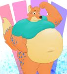  abstract_background ambiguous_gender anthro barely_fit belly big_belly canid canine clothed clothing flexing fox hair hi_res holding_belly looking_at_viewer mammal moobs navel obese overweight overweight_ambiguous overweight_anthro protzermotzer shirt smile solo t-shirt topwear 