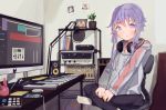  1girl :o cable calculator cellphone cio_hakatano commentary crossed_legs drawstring grey_hoodie headphones headphones_around_neck highres hood hoodie indoors instrument keyboard_(instrument) lamp looking_at_viewer monitor mouse_(computer) open_mouth phone photo_(object) plant potted_plant purple_eyes purple_hair shelf sidelocks sitting smartphone solo speaker vocaloid voiceroid yuzuki_yukari 