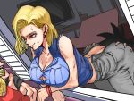  1girl android_18 blonde_hair blue_eyes blush breasts cheating cleavage denim dragon_ball dragon_ball_z earrings highres jewelry kuririn marron minjong0625_(hello) shirt short_hair son_goten sweatdrop 