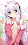  1girl bangs bare_shoulders blue_eyes blush bow bow_panties breasts closed_mouth collarbone commentary_request eromanga_sensei eyebrows_visible_through_hair food_print hair_between_eyes hair_bow hand_up headphones headset highres izumi_sagiri long_hair natsuichi-sama navel off_shoulder open_clothes open_shirt panties panties_removed pink_shirt print_panties red_bow shirt silver_hair small_breasts smile solo strawberry_panties strawberry_print stuffed_animal stuffed_toy teddy_bear underwear very_long_hair wavy_mouth white_panties 
