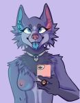  absurd_res anthro bathroom blue_eyes breasts canid canine claws collar cross-eyed digital_media_(artwork) female fur hi_res inside ludicrousfox mammal nipples phone simple_background solo tongue tongue_out tuft 