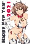  1girl 2021 animal_ears animal_print bell bikini breasts brown_hair collar commentary_request cow_ears cow_horns cow_print cowbell cowboy_shot elbow_gloves fake_animal_ears fake_horns gloves green_eyes happy_new_year horns kantai_collection large_breasts looking_at_viewer mutsu_(kantai_collection) new_year parted_lips short_hair side-tie_bikini smile solo swimsuit thighhighs uzuki_kosuke white_bikini white_gloves white_legwear 