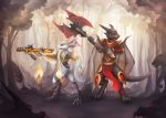  ambush anthro attack avali axe defense dragon duo feral forest group gun halberd hi_res humanoid intersex intersex/intersex male male/male melee_weapon painting plant polearm ranged_weapon shield standing tree twymouse weapon 