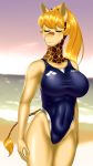  absurd_res anthro beach big_breasts biped blush breasts buffbumblebee clothed clothing detailed_background digital_drawing_(artwork) digital_media_(artwork) eyebrows eyelashes eyes_closed female front_view fur giraffe giraffid hair hi_res long_hair mammal one-piece_swimsuit outside ponytail sand seaside sky smile solo sport_swimsuit standing swimwear water 