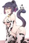  1girl absurdres animal_ears animal_print arknights bare_shoulders bell bikini black_choker black_hair breasts cat_ears cat_girl cat_tail choker cleavage covered_nipples cow_print ear_tag elbow_gloves fang floppy_ears gloves green_eyes halterneck highres jessica_(arknights) k0ng kneeling large_breasts long_hair looking_at_viewer multicolored_hair navel open_mouth ponytail side-tie_bikini simple_background skindentation solo stomach strap_gap string_bikini sweat swimsuit tail tail_raised tears thighhighs thighs two-tone_hair white_background white_bikini white_gloves white_legwear 