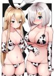  2girls animal_print bangs bikini blonde_hair blush breast_envy breast_grab breasts cleavage closed_mouth cow_print elbow_gloves gloves grabbing grabbing_own_breast hair_ornament hair_over_one_eye hairband hairclip hamakaze_(kantai_collection) highres huge_breasts kantai_collection long_hair medium_breasts multiple_girls nose_blush pout shimakaze_(kantai_collection) short_hair side-tie_bikini silver_hair simple_background swimsuit thighhighs tiemu_(man190) yellow_eyes 