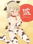  1girl 2021 @_@ alternate_breast_size animal_ears animal_print bangs bell bell_collar bikini blonde_hair blush boots breasts brown_eyes checkered checkered_background chinese_zodiac collar covering covering_breasts cow_ears cow_horns cow_print cow_tail elbow_gloves eyebrows_visible_through_hair fake_animal_ears fake_horns gloves hair_between_eyes horns idolmaster idolmaster_cinderella_girls large_breasts medium_hair morikubo_nono nose_blush print_bikini print_footwear print_gloves print_legwear red_collar ringlets sitting solo sweat swimsuit tail thigh_boots thighhighs uccow wariza wavy_mouth white_bikini white_footwear white_legwear year_of_the_ox 