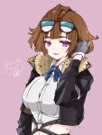  aviator_sunglasses bear black_jacket blush brown_hair citron80citron eyewear_on_head fur_collar girls&#039;_frontline gloves grizzly_mkv_(girls&#039;_frontline) jacket open_mouth purple_background purple_eyes ribbon shirt short_hair signature simple_background sunglasses white_shirt 