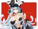  1girl 2021 :o animal_ears animal_print bangs blue_hair blunt_bangs breasts cleavage commentary_request cow_ears cow_hat cow_print draph eyebrows_visible_through_hair granblue_fantasy large_breasts long_hair looking_at_viewer red_background shatola_(granblue_fantasy) sheer_clothes solo suminaga_(altil777) two-tone_background white_background yellow_eyes 