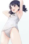  1girl :d armpits arms_up ass_visible_through_thighs bangs bare_shoulders black_hair blush competition_school_swimsuit duplicate eyebrows_visible_through_hair fangs from_below fukumaru_koito highres hiroki_(yyqw7151) idolmaster idolmaster_shiny_colors long_hair name_tag open_mouth parted_bangs purple_eyes simple_background skin_fangs smile solo swimsuit thighs white_background white_swimsuit 