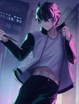  1boy bangs black_hair black_pants blue_eyes bright_pupils building cowboy_shot highres holding holding_knife jacket knife long_sleeves looking_to_the_side navel night open_clothes open_jacket outdoors pants sheng_ren shirt short_hair solo stomach t-shirt tohno_shiki tsukihime tsukihime_(remake) white_pupils white_shirt 