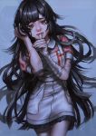  1girl apron bandaged_arm bandaged_hand bandaged_leg bandages bandaid bandaid_on_arm bandaid_on_cheek bangs black_hair blue_background blunt_bangs commentary_request cowboy_shot crying crying_with_eyes_open danganronpa_(series) danganronpa_2:_goodbye_despair hand_in_hair hands_up highres k041800 long_hair looking_at_viewer mole mole_under_eye open_mouth pink_shirt pleated_skirt puffy_short_sleeves puffy_sleeves purple_eyes purple_hair shirt short_sleeves signature simple_background skirt solo tears thumb_to_mouth tsumiki_mikan white_apron 