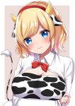  absurdres alice_margatroid animal_ears animal_print arms_under_breasts blonde_hair border bow bowtie breasts cleavage closed_mouth collared_shirt cow_ears cow_girl cow_print cow_tail crossed_arms eyebrows_visible_through_hair headband highres horns long_sleeves looking_at_viewer red_headband red_neckwear shiki_(s1k1xxx) shirt short_hair simple_background single_horn tail touhou white_shirt 