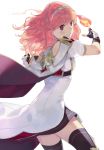  1girl aisutabetao cape celica_(fire_emblem) dress fingerless_gloves fire fire_emblem fire_emblem_echoes:_shadows_of_valentia gloves hairband highres looking_to_the_side red_eyes red_hair thighhighs wavy_hair white_background white_dress 