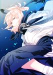  1girl arm_guards black_ribbon blonde_hair blue_background blue_sky dutch_angle fate/grand_order fate_(series) from_below hakama haori hinoya japanese_clothes katana okita_souji_(fate) okita_souji_(fate)_(all) ribbon scarf sky solo sword weapon yellow_eyes 