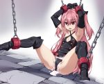  1girl armpits arms_up boots crying crying_with_eyes_open cuffs cum cum_in_pussy drooling elbow_gloves empty_eyes eyebrows_visible_through_hair fangs gloves high_heel_boots high_heels highres knee_boots krul_tepes kyuutou_(kyuutouryuu) long_hair owari_no_seraph panties pink_eyes pink_hair restrained saliva shackles simple_background sitting solo spread_legs suggestive_fluid tears two_side_up underwear visible_air 