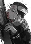  1boy black_eyes black_hair blood blood_on_face bullet eyepatch facial_hair golden_kamuy greyscale gun hair_slicked_back highres holding holding_gun holding_weapon licking long_sleeves male_focus military military_uniform monochrome ogata_hyakunosuke oziozi_kamuy rifle scar scar_on_face solo stitches stubble tongue tongue_out uniform upper_body weapon white_background 