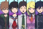  2girls 3boys ahoge akamatsu_kaede bangs black_hair black_jacket blonde_hair brother_and_sister brown_hair collarbone collared_shirt commentary_request danganronpa:_trigger_happy_havoc danganronpa_(series) danganronpa_2:_goodbye_despair danganronpa_another_episode:_ultra_despair_girls danganronpa_v3:_killing_harmony double-breasted eighth_note frown gradient gradient_background green_eyes green_jacket green_neckwear grey_shirt hair_between_eyes hair_ornament highres hinata_hajime jacket long_hair looking_at_viewer lower_teeth multiple_boys multiple_girls musical_note musical_note_hair_ornament naegi_komaru naegi_makoto necktie open_clothes open_jacket open_mouth pink_background pink_eyes red_neckwear saihara_shuuichi sailor_collar school_uniform shirt short_hair siblings spoilers suzumetarou sweat teeth trait_connection upper_body white_shirt 