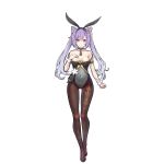  1girl absurdres alternate_color alternate_costume animal_ears bare_shoulders black_footwear black_leotard breasts brown_legwear bunny_ears choker covered_navel fake_animal_ears full_body genshin_impact groin hair_ears hair_ornament hairband hand_on_own_chest hand_up high_heels highleg highleg_leotard highres keqing leotard long_hair long_legs looking_at_viewer medium_breasts pantyhose playboy_bunny purple_eyes purple_hair shoes smile solo standing strapless strapless_leotard terebi_(shimizu1996) thighs twintails wrist_cuffs 