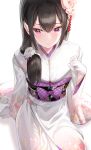  1girl bandaid bangs blush brown_hair commentary_request duplicate flower fur_trim gloves hair_flower hair_ornament highres japanese_clothes kfr kimono lips looking_down medium_hair obi original purple_eyes sash side_ponytail sidelocks sitting solo white_background white_gloves 