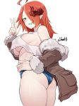  1girl ahoge ass bare_shoulders blue_shorts breasts brown_jacket cowboy_shot crop_top crop_top_overhang fur_trim grin hair_over_one_eye hand_on_hip hand_up highres horns jacket k0ng large_breasts long_hair looking_at_viewer micro_shorts midriff no_bra off_shoulder open_clothes open_jacket orange_eyes orange_hair original pointy_ears sharp_teeth shirt shorts sidelocks simple_background sleeveless sleeveless_shirt smile solo teeth thighs w white_background white_shirt 