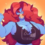  1:1 absurd_res big_breasts breasts cleavage clothed clothing eyes_closed female fish flexing hair hair_over_eye hair_over_eyes hi_res huge_breasts humanoid long_hair marine one_eye_obstructed shoolmail smile solo torn_clothing undertale undyne video_games yellow_teeth 