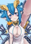  1girl absurdres blue_background blue_eyes blue_hair blush breasts cleavage cleavage_cutout closed_mouth clothing_cutout detached_collar dragon_girl dragon_horns english_commentary hair_between_eyes highres horns incoming_headpat looking_at_viewer monster_girl monster_musume_no_oisha-san pale_skin pointy_ears scales see-through short_hair simple_background skadi_dragenfelt slit_pupils smile solo virusotaku 
