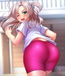  1girl absurdres ass bike_shorts blurry cowboy_shot depth_of_field from_behind green_eyes grey_hair hair_tie highres kantai_collection kinugasa_(kantai_collection) looking_back one_eye_closed one_side_up panties_under_bike_shorts pink_shorts remodel_(kantai_collection) ribbon shirt shorts solo sweater t-shirt upper_body white_shirt zanntetu 