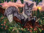  2020 anthro blue_eyes breasts canid canine day detailed_background digital_media_(artwork) female flashw forest fox grass mammal outside plant sky solo tree 