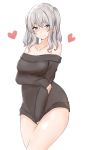  1girl absurdres alternate_costume bare_shoulders blue_eyes blush clothes_tug grey_hair heart highres kantai_collection kashima_(kantai_collection) long_hair looking_at_viewer no_hat no_headwear off_shoulder saku_(kudrove) smile solo sweater sweater_tug two_side_up 