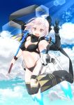  1girl :d ahoge bangs bare_shoulders bikini black_bikini black_gloves black_scarf bow breasts brown_eyes cleavage cloud elbow_gloves eyebrows_visible_through_hair fate/grand_order fate_(series) flying gloves glowing glowing_sword glowing_weapon hair_bow highres hinoya holding holding_weapon jetpack katana looking_at_viewer medium_breasts navel okita_souji_(fate)_(all) okita_souji_(swimsuit_assassin)_(fate) open_mouth scarf sheath short_hair silver_hair single_glove sky smile solo sunlight swimsuit sword two-tone_bikini w weapon wristband 