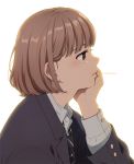  1girl arm_support blazer brown_hair head_rest jacket looking_to_the_side mattaku_mousuke necktie original profile school_uniform short_hair solo upper_body watermark white_background 