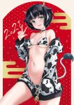  1girl 2021 :d absurdres animal_ears animal_print arm_up bare_shoulders bell bell_collar bikini black_hair breasts collar collarbone cow_ears cow_girl cow_print cow_tail cowboy_shot egasumi green_eyes hand_in_pocket highres hoodie_dress horns jacket long_sleeves looking_at_viewer medium_breasts mixed-language_commentary multicolored_hair navel off_shoulder open_mouth original rama_(yu-light8) red_background short_hair simple_background single_horn smile solo stomach streaked_hair swimsuit tail two-tone_hair unzipped w white_background white_hair 