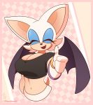  absurd_res anthro big_breasts bra breasts chiropteran cleavage clothed clothing eyes_closed eyeshadow facing_viewer female gesture hi_res makeup mammal membrane_(anatomy) membranous_wings navel open_mouth rouge_the_bat shoolmail signature smile solo sonic_the_hedgehog_(series) sports_bra thumbs_up underwear video_games wings 