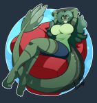  absurd_res anthro arms_above_head breasts female fish furniture green_teeth hands_over_head hi_res looking_at_viewer marine non-mammal_breasts shoolmail smile smiling_at_viewer sofa solo 