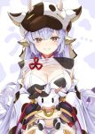  1girl akisome_hatsuka animal animal_ears animal_print bangs blue_hair blunt_bangs breasts cleavage clenched_teeth commentary_request cow cow_ears cow_hat cow_print detached_sleeves draph earrings eyebrows_visible_through_hair granblue_fantasy holding holding_animal jewelry large_breasts long_hair looking_at_viewer shatola_(granblue_fantasy) sheer_clothes sitting smile solo teeth thighhighs white_legwear 