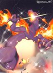  alternate_color artist_name breathing_fire charizard claws commentary_request fire from_below gen_1_pokemon gigantamax gigantamax_charizard glowing highres night no_humans outdoors pantheon_eve pokemon pokemon_(creature) shiny_pokemon sky solo sparkle star_(sky) watermark 