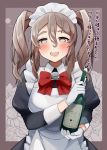  1girl absurdres alternate_costume alternate_hairstyle apron bottle bow bowtie brown_eyes commentary_request commission cowboy_shot drooling drunk enmaided frilled_apron frills gloves grey_hair hair_between_eyes highres holding holding_bottle kantai_collection long_hair looking_at_viewer maid maid_headdress pola_(kantai_collection) red_neckwear saliva skeb_commission solo thick_eyebrows toriniku_senshi_chikinman translation_request twintails wavy_hair white_apron white_gloves wine_bottle 