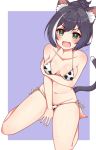  animal_ear_fluff animal_ears animal_print arm_under_breasts bangs bare_arms bare_legs bare_shoulders barefoot between_legs bikini black_hair blush border breasts cat_ears cat_girl cat_tail cleavage collarbone cow_print eyebrows_visible_through_hair fang hand_between_legs hand_on_own_arm highres k-y karyl_(princess_connect!) medium_breasts multicolored_hair navel open_mouth outside_border ponytail princess_connect! princess_connect!_re:dive print_bikini purple_background ribbon short_hair side-tie_bikini simple_background sitting stomach streaked_hair sweat swimsuit tail thighs v-shaped_eyebrows wariza white_border white_hair white_ribbon 