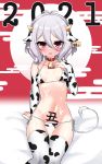  1girl 2021 absurdres animal_ears animal_print bell bell_collar bikini blush body_writing breasts bridal_gauntlets collar commentary_request cow_ears cow_horns cow_print cow_tail ear_tag fake_animal_ears fake_horns grey_hair hair_between_eyes highres horns kokkoro_(princess_connect!) lettu looking_at_viewer medium_breasts milk open_mouth princess_connect! princess_connect!_re:dive red_collar short_hair sitting solo suggestive_fluid swimsuit tail thighhighs white_legwear 