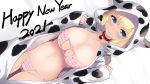  1girl 2021 animal_costume animal_hood animal_print ass_visible_through_thighs bangs bell bell_collar bikini blonde_hair blue_eyes blush boku_wa_tomodachi_ga_sukunai breasts cait_aron chinese_zodiac cleavage closed_mouth collar collarbone commentary cow_costume cow_hood cow_print cowbell cowboy_shot dutch_angle english_commentary eyebrows_visible_through_hair frilled_bikini frills happy_new_year highres hood hood_up kashiwazaki_sena large_breasts long_sleeves looking_at_viewer navel new_year simple_background smile solo stomach swimsuit thigh_gap white_background year_of_the_ox 