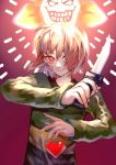  androgynous bangs blush brown_hair chara_(undertale) evil_grin evil_smile flowey_(undertale) gender_request glowing gradient gradient_background green_sweater grin hair_over_one_eye hands_up heart holding holding_knife knife light long_sleeves looking_at_viewer pink_background red_eyes short_hair smile striped striped_sweater sweater tuteurfars_shin undertale upper_body 