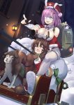  2girls alternate_costume ash_arms bag blush_stickers breasts brown_hair cleavage commentary_request dog dog_sled eyepatch fingerless_gloves gloves hat highres kerureru large_breasts medium_hair multiple_girls open_mouth pantyhose panzer_iii_(ash_arms) purple_hair santa_hat snowing tears 